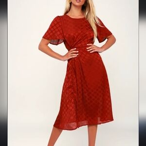 ASTR The Label Ebony Rust Red Polka Dot Midi Dress Button Front
